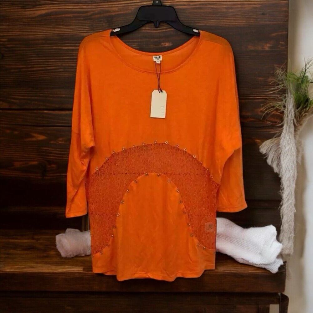 UNIQ orange mesh Inset 3/4 sleeve top T Shirt Women’s Size M Medium